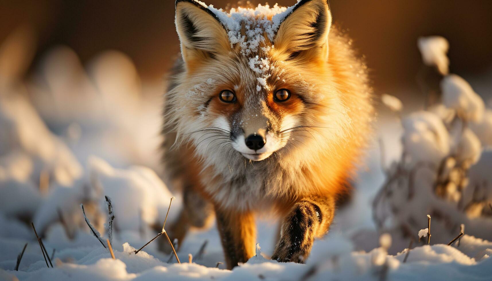 AI generated Cute red fox looking at camera in snowy forest generated by AI photo