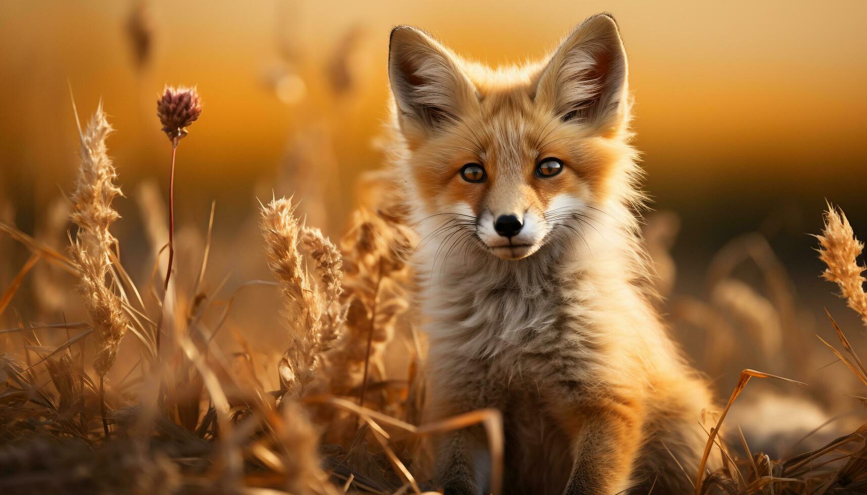 AI generated Cute red fox sitting in grass, looking at camera generated by AI photo