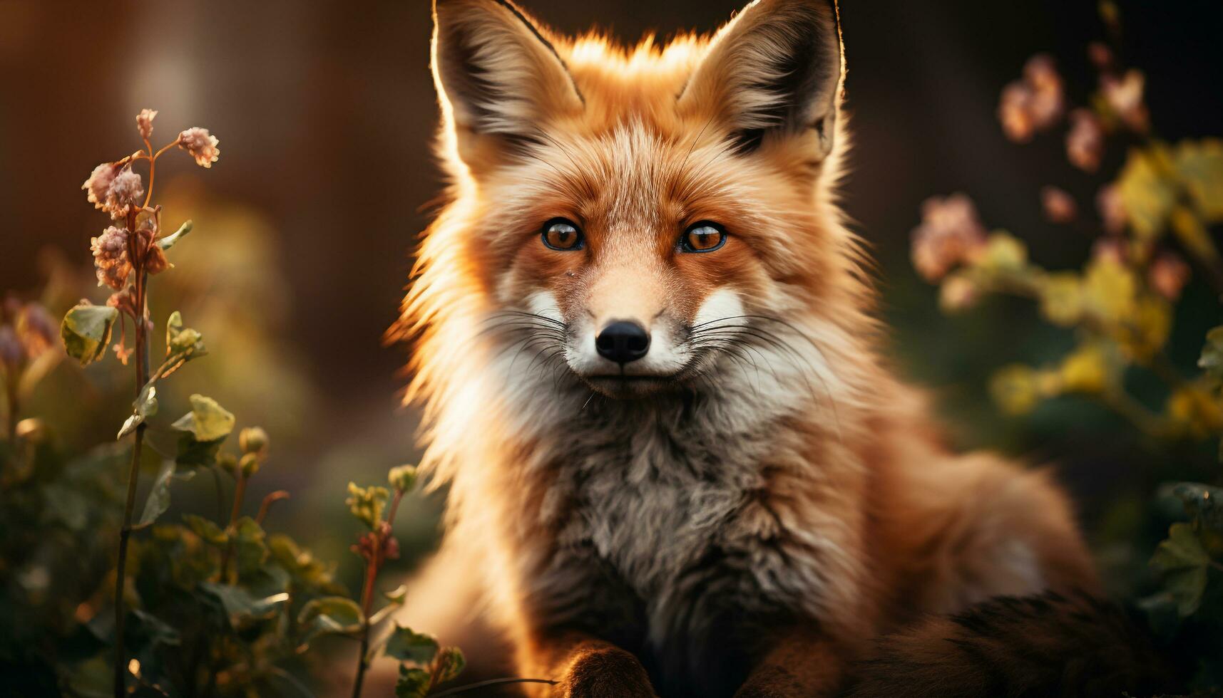 AI generated Cute red fox looking at camera, sitting in grass generated by AI photo