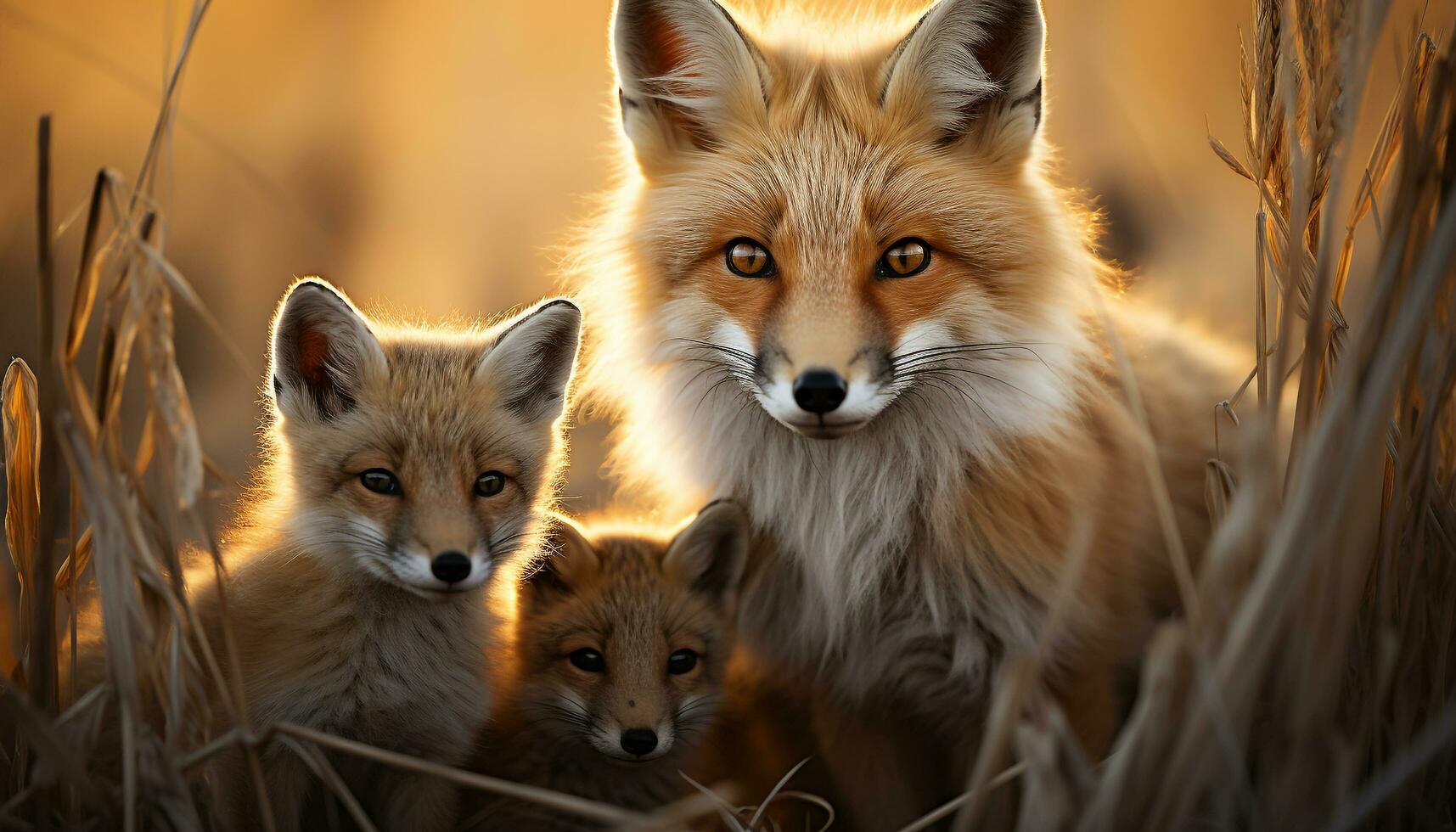 AI generated Cute red fox puppy sitting in grass, looking alert generated by AI photo