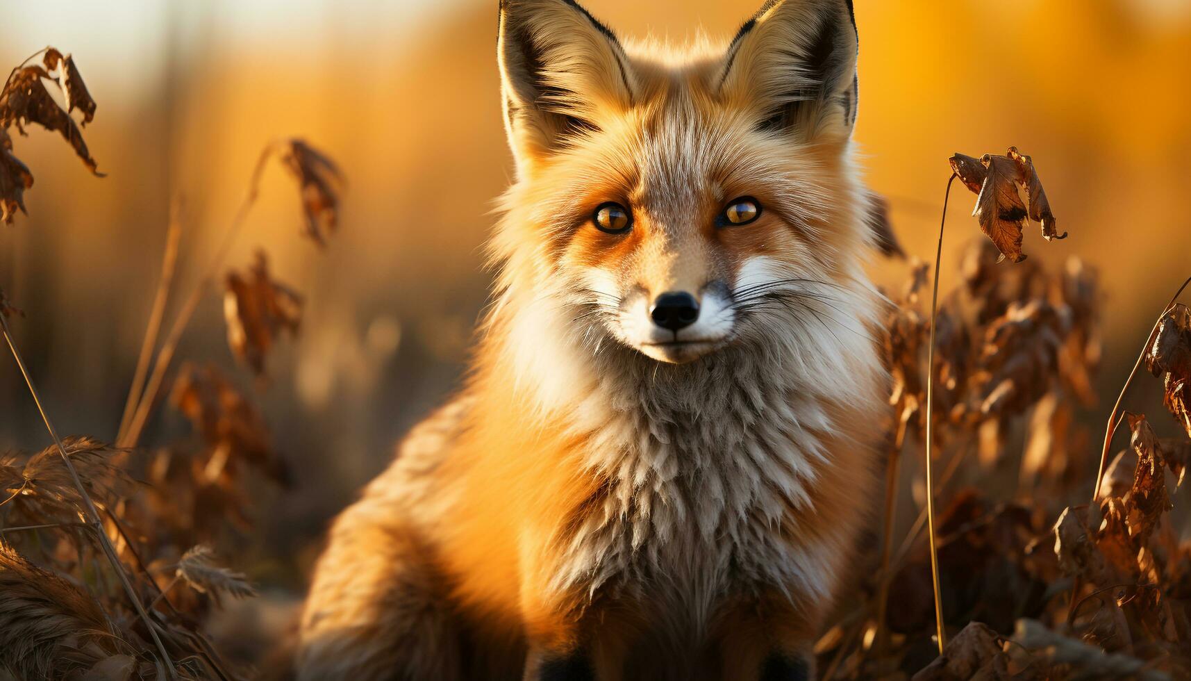 AI generated Cute red fox sitting in grass, looking at sunset generated by AI photo