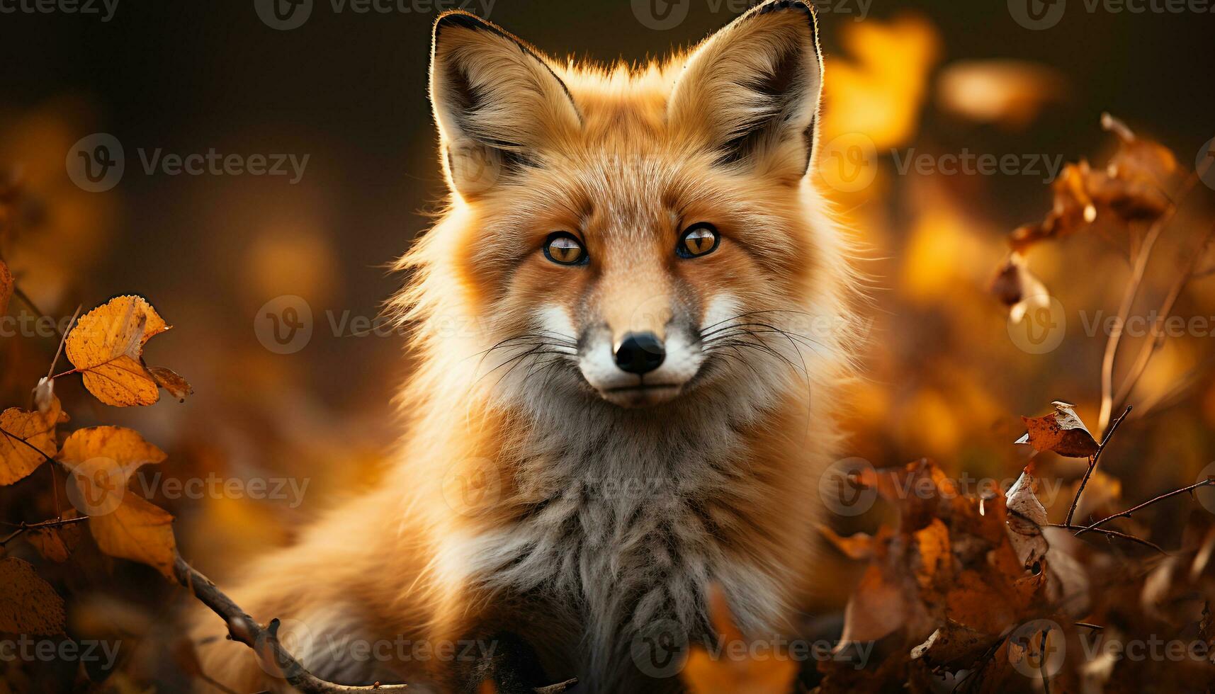 AI generated Cute red fox sitting in autumn forest, looking at camera generated by AI photo