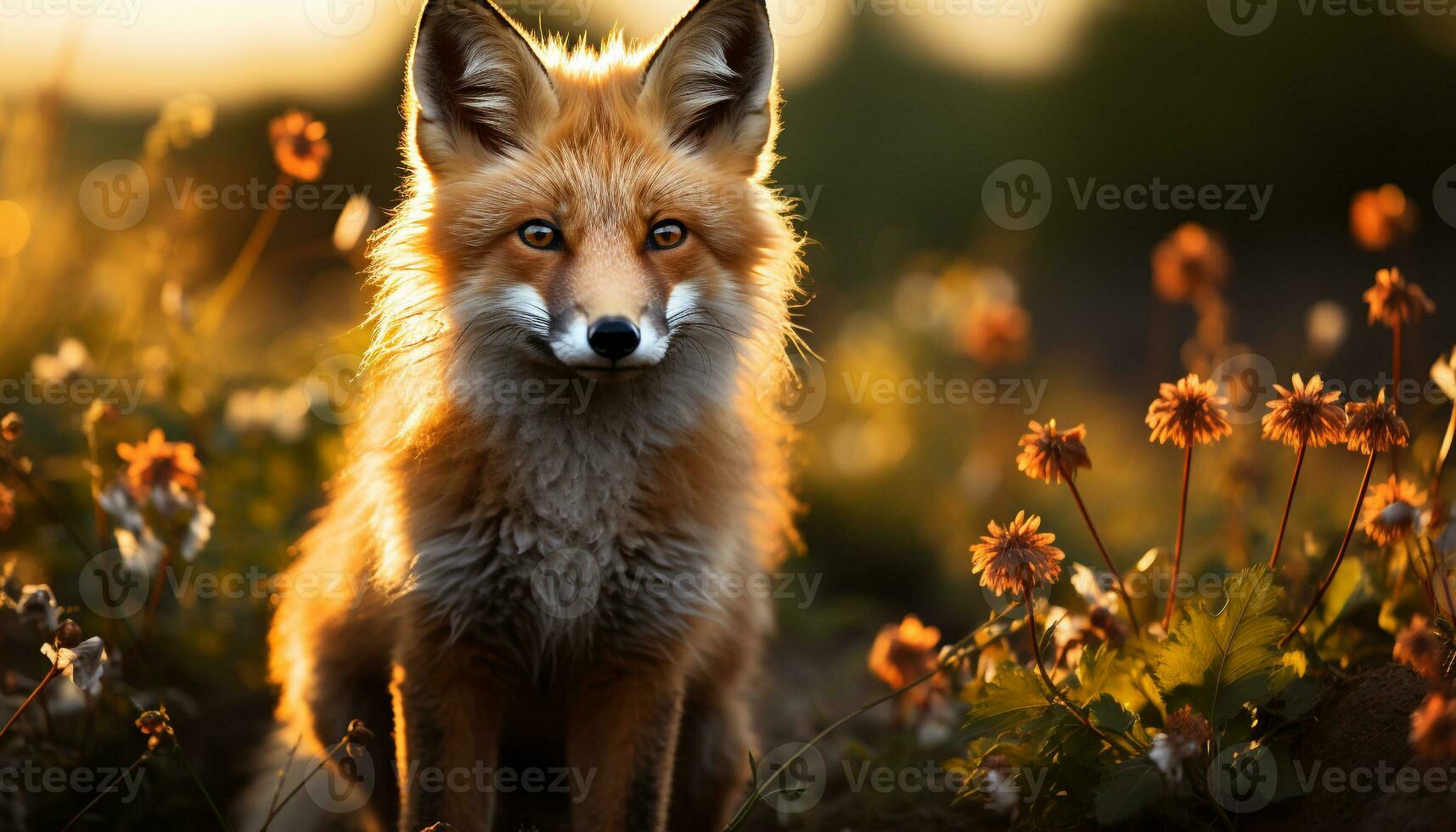 AI generated Cute red fox puppy sitting in grass, looking at camera generated by AI photo
