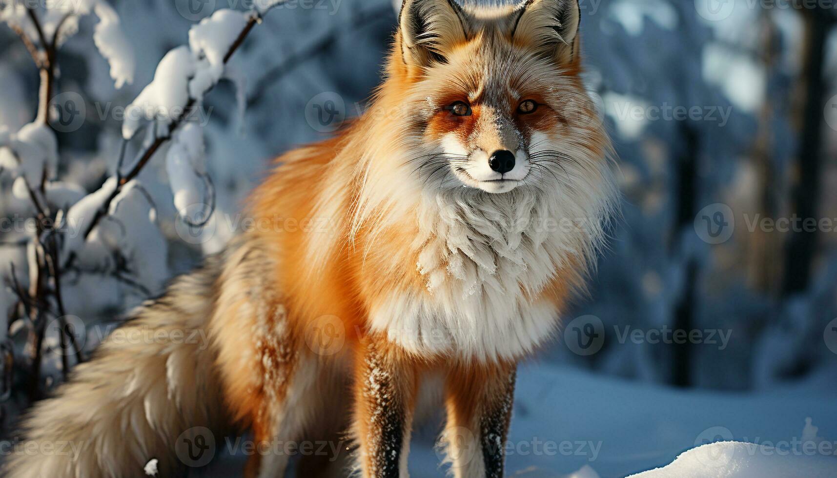 ai generado linda rojo zorro sentado en nieve, mirando a árbol generado por ai foto