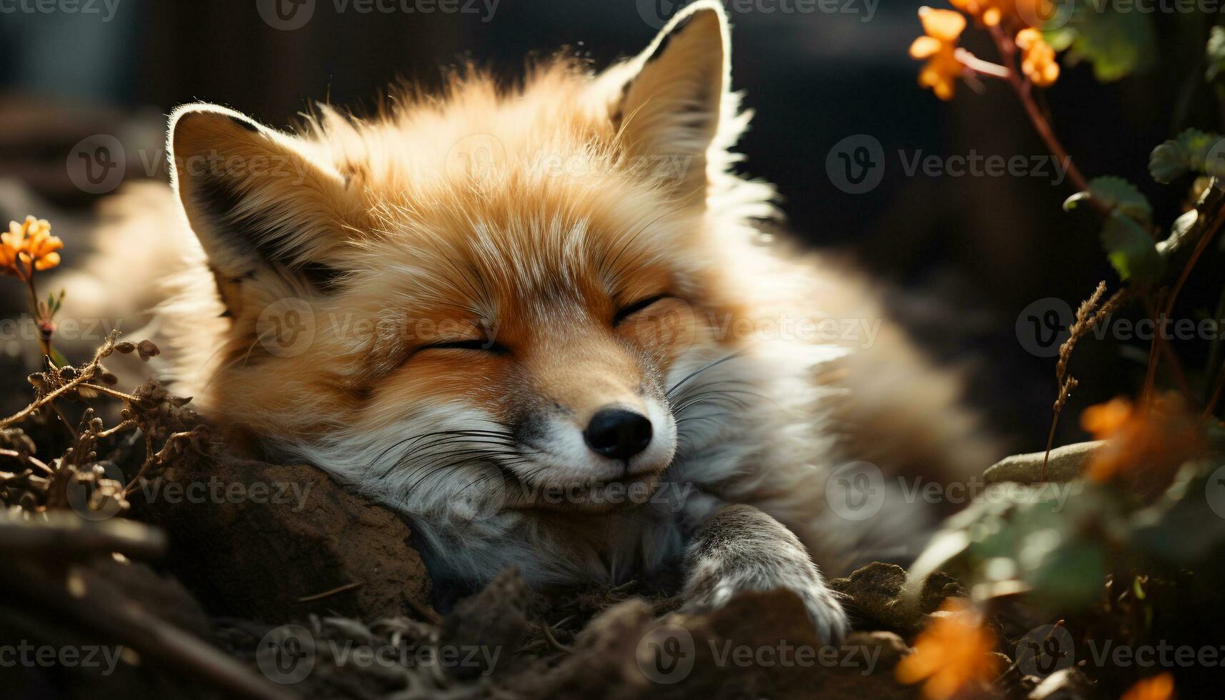 AI generated Cute red fox puppy sitting in snowy forest, alert and fluffy generated by AI photo