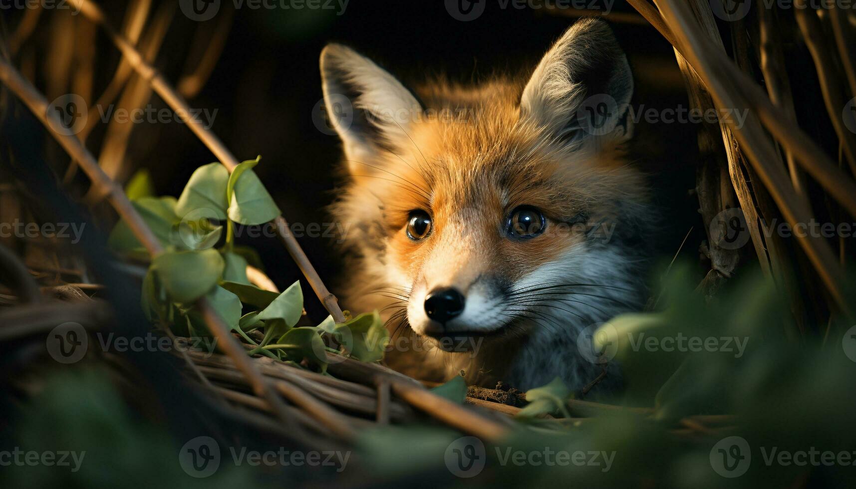 AI generated Cute red fox looking at camera in the green forest generated by AI photo