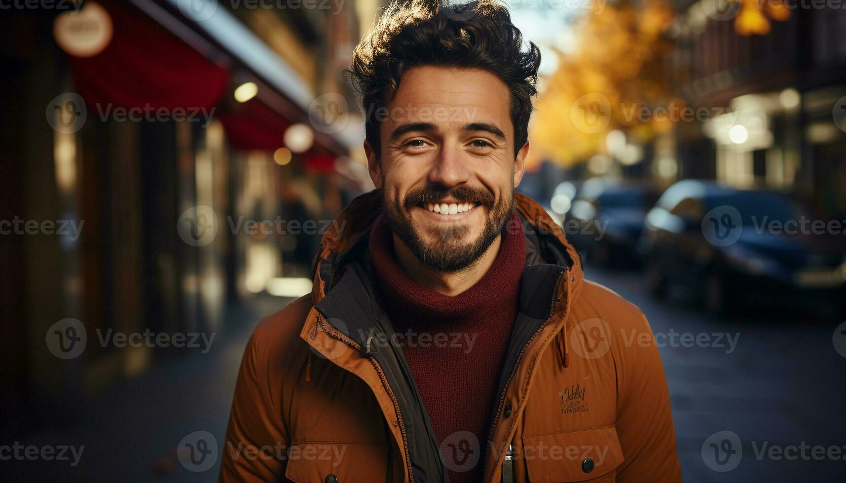 AI generated A confident man, smiling, looking at camera, enjoying city life generated by AI photo