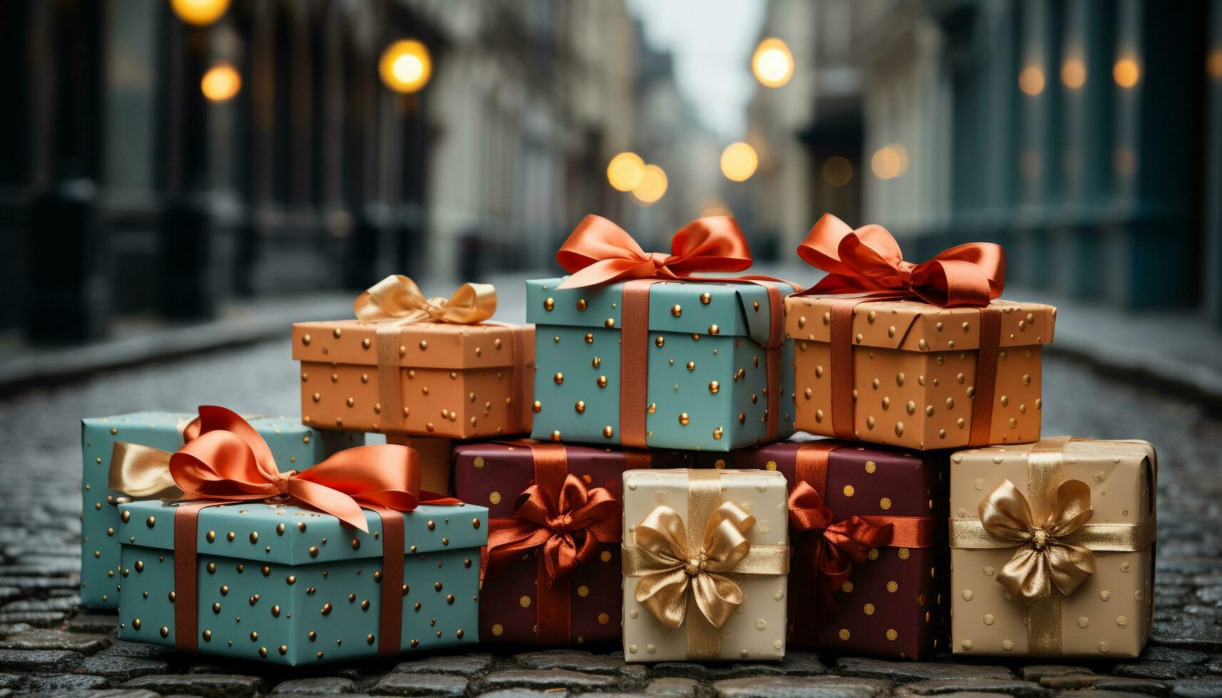 AI generated A stack of wrapped gift boxes, illuminated with Christmas lights generated by AI photo