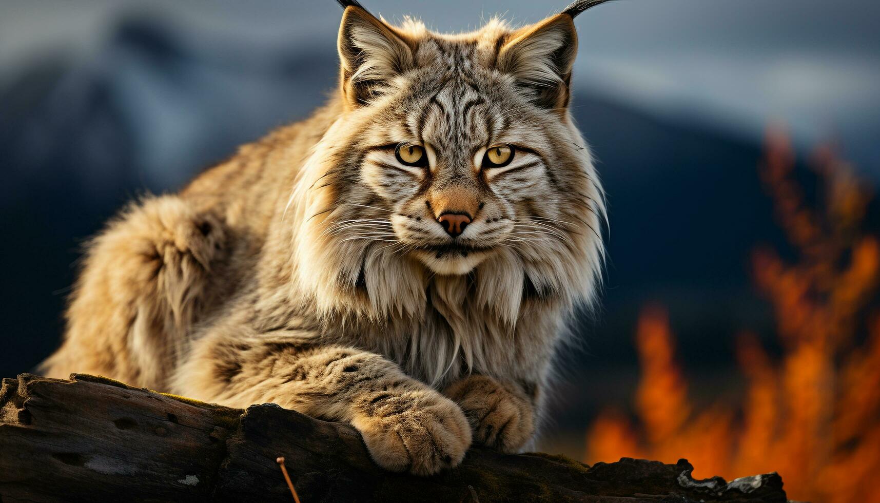 AI generated Majestic bobcat, fur striped, sitting in tranquil forest generated by AI photo