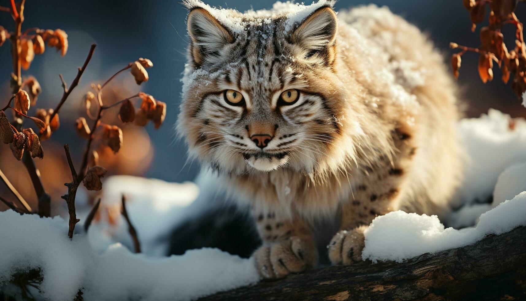 AI generated Majestic bobcat in winter forest, looking cute generated by AI photo