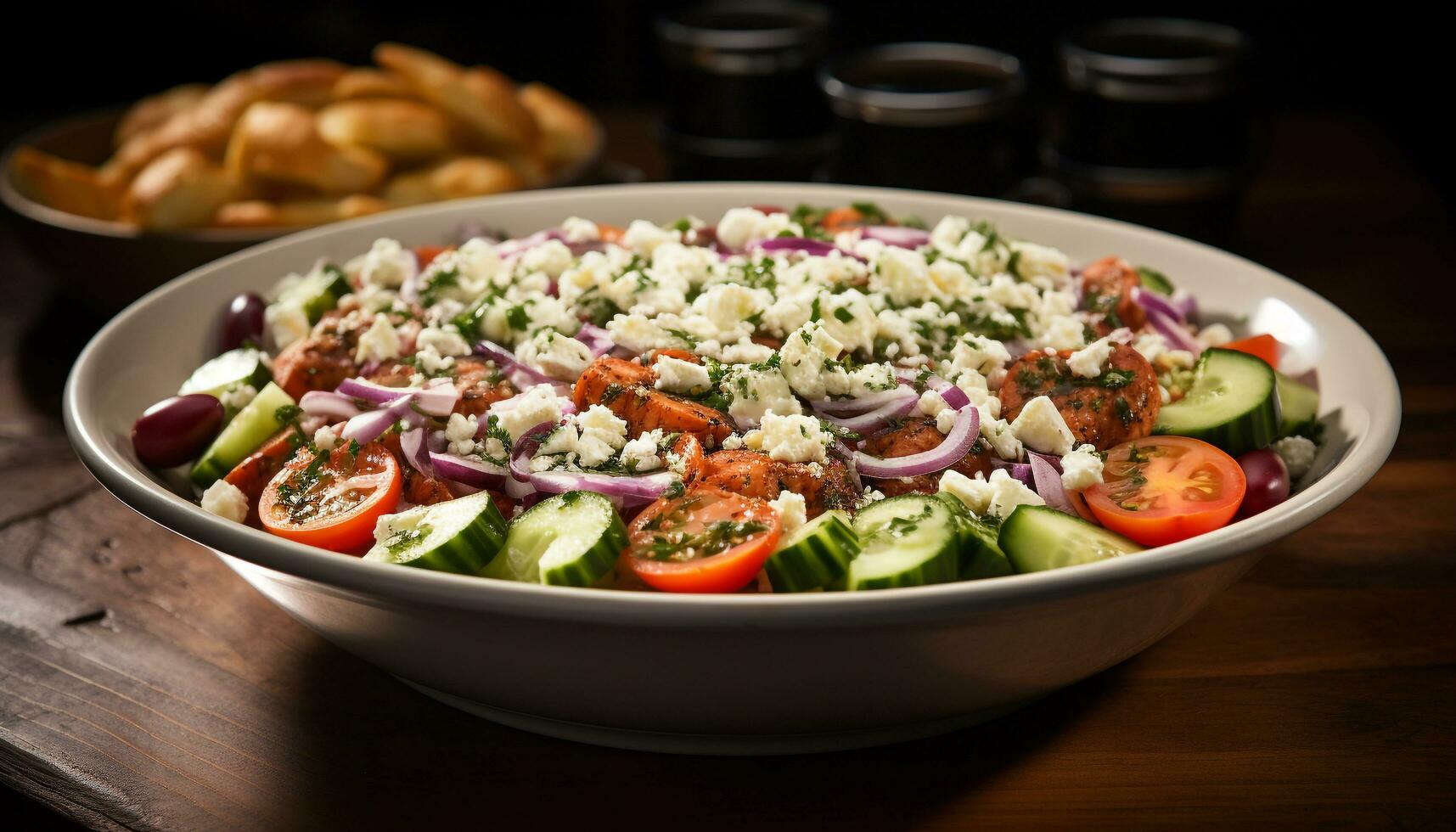 ai generado frescura y salud en un vegetariano griego ensalada generado por ai foto