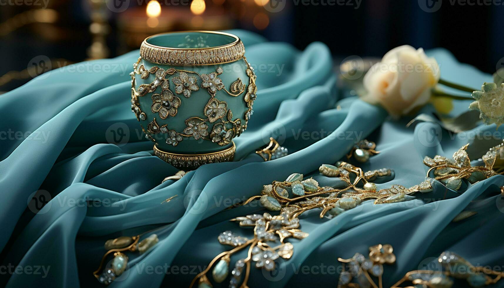 AI generated Elegant wedding ceremony, gold, candle, flower, embroidery, altar generated by AI photo