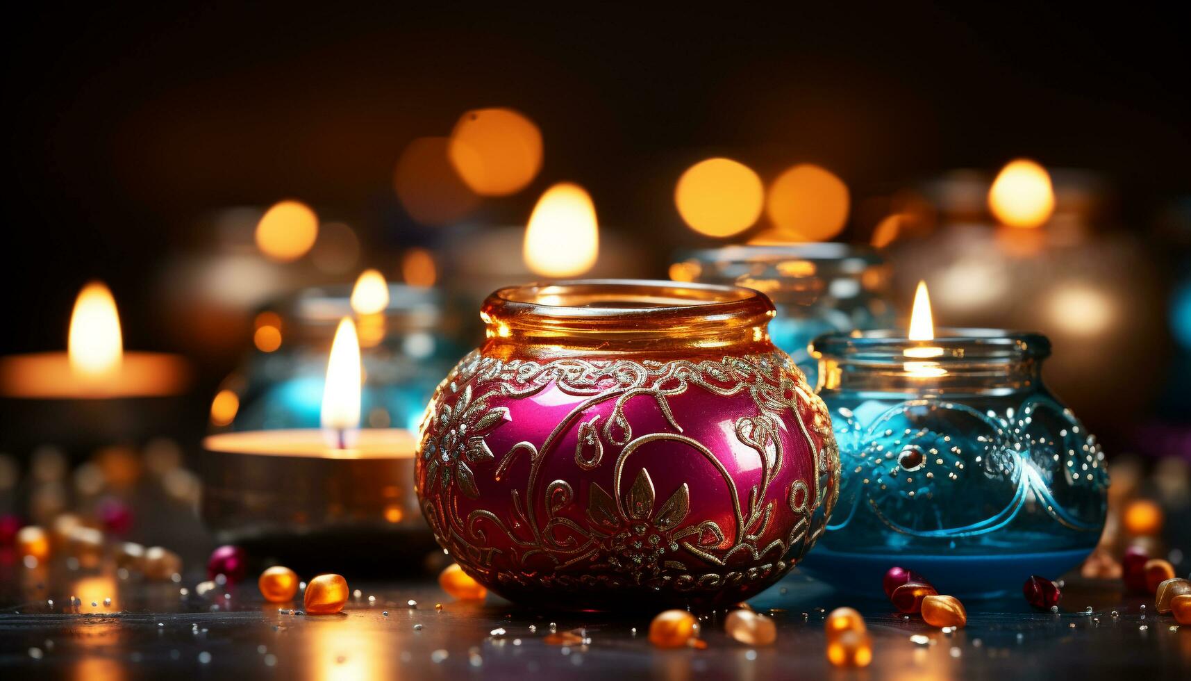 AI generated Glowing candle illuminates dark table in celebration generated by AI photo