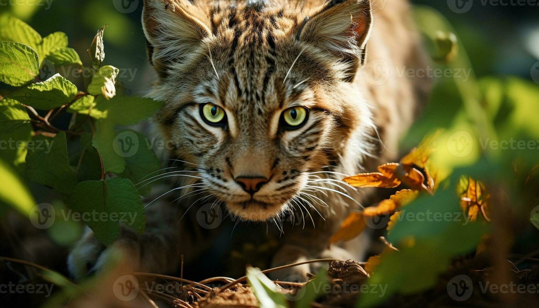 AI generated Cute striped kitten hiding in the autumn forest generated by AI photo