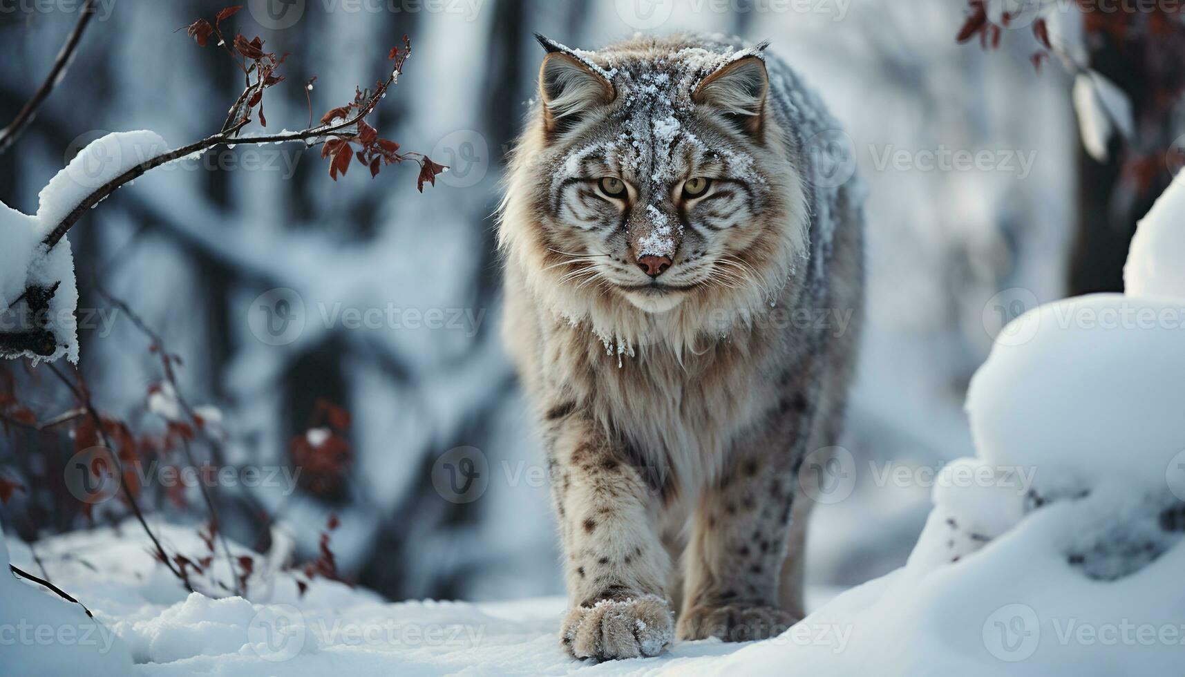 ai generado majestuoso gato montés caminando en nieve cubierto bosque generado por ai foto