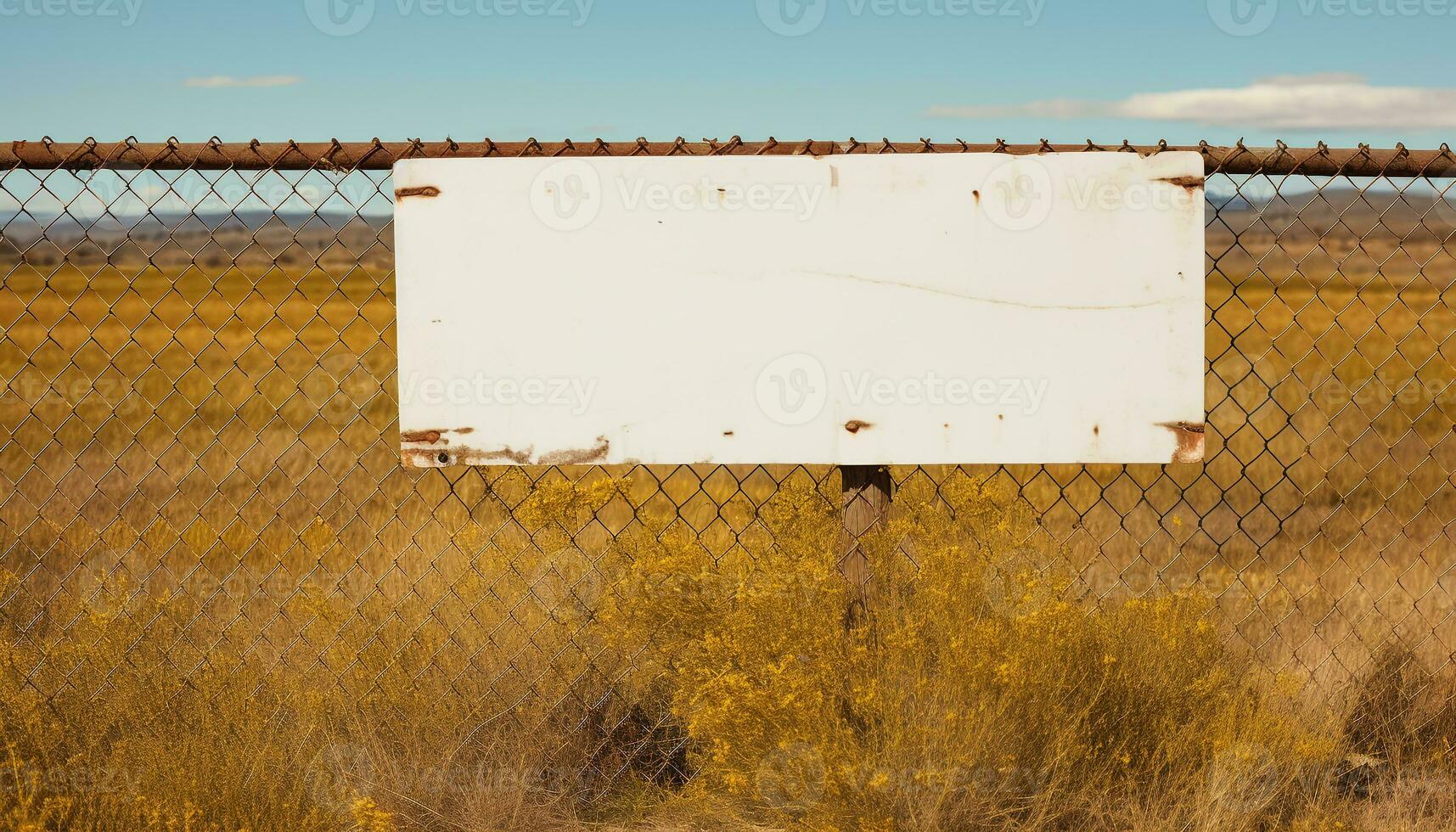 AI generated Rusty metal fence frames old yellow billboard generated by AI photo