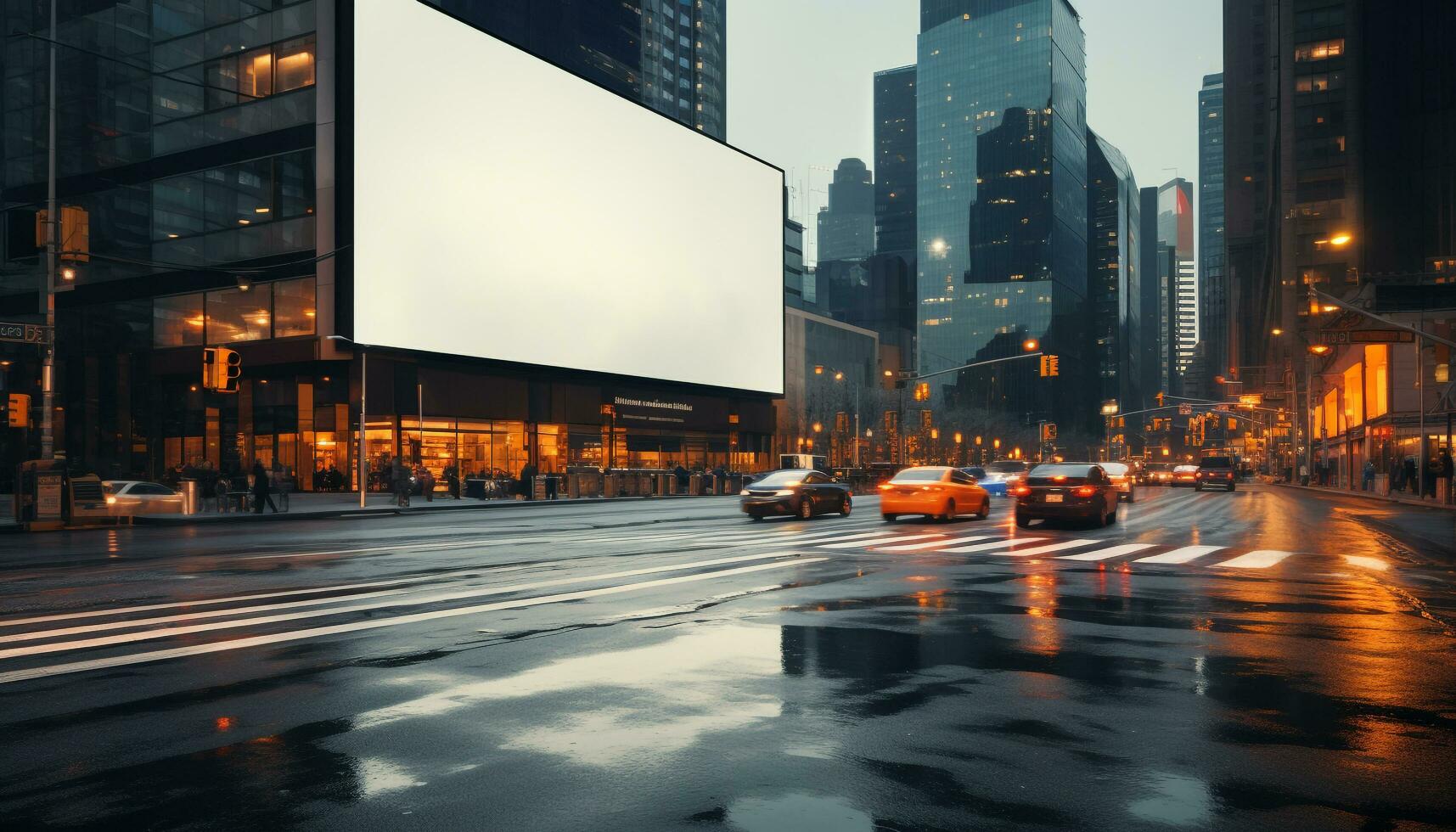AI generated City life at dusk, traffic speeds through skyscrapers generated by AI photo