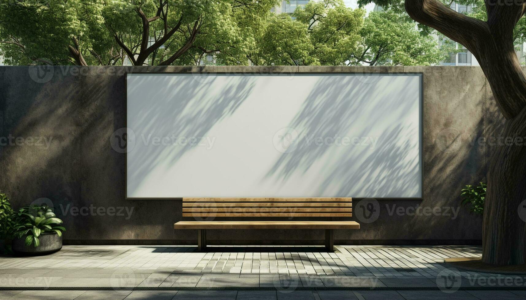AI generated Empty bench in nature with blank billboard background generated by AI photo