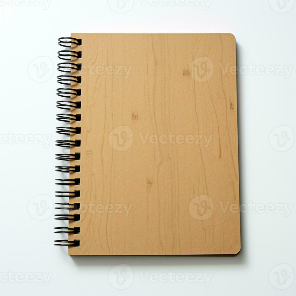 AI generated Blank spiral notebook on wooden table in office generated by AI photo