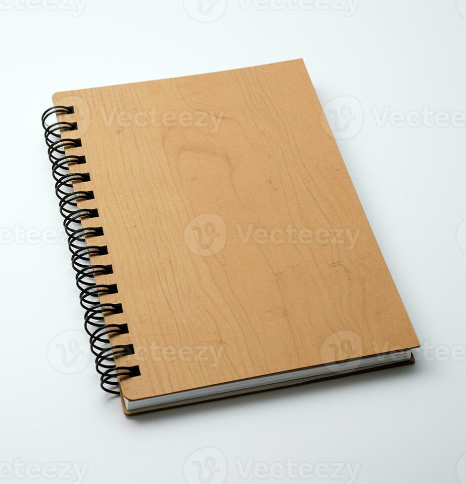 AI generated Blank page on wooden table, office spiral notebook generated by AI photo