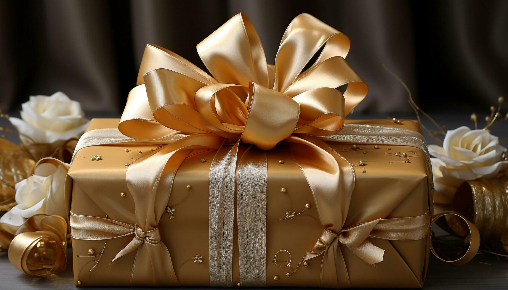 AI generated Shiny gold gift box wrapped in elegant paper generated by AI photo