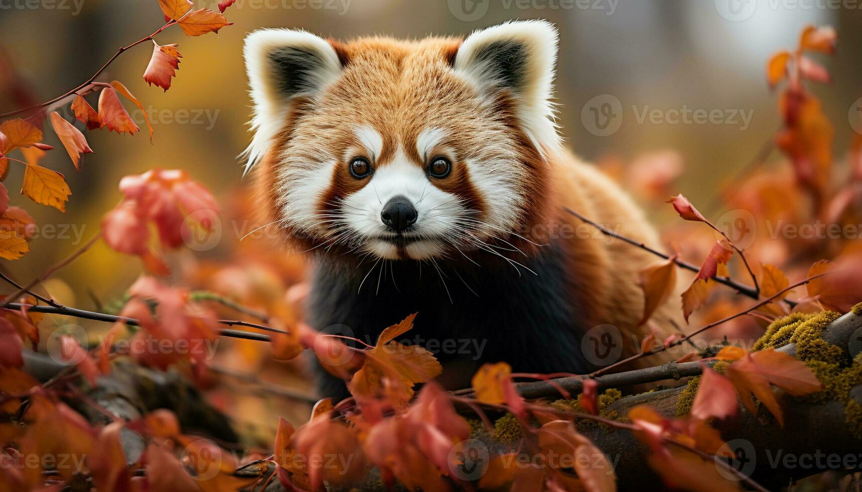 AI generated Cute puppy sitting on branch in autumn forest generated by AI photo