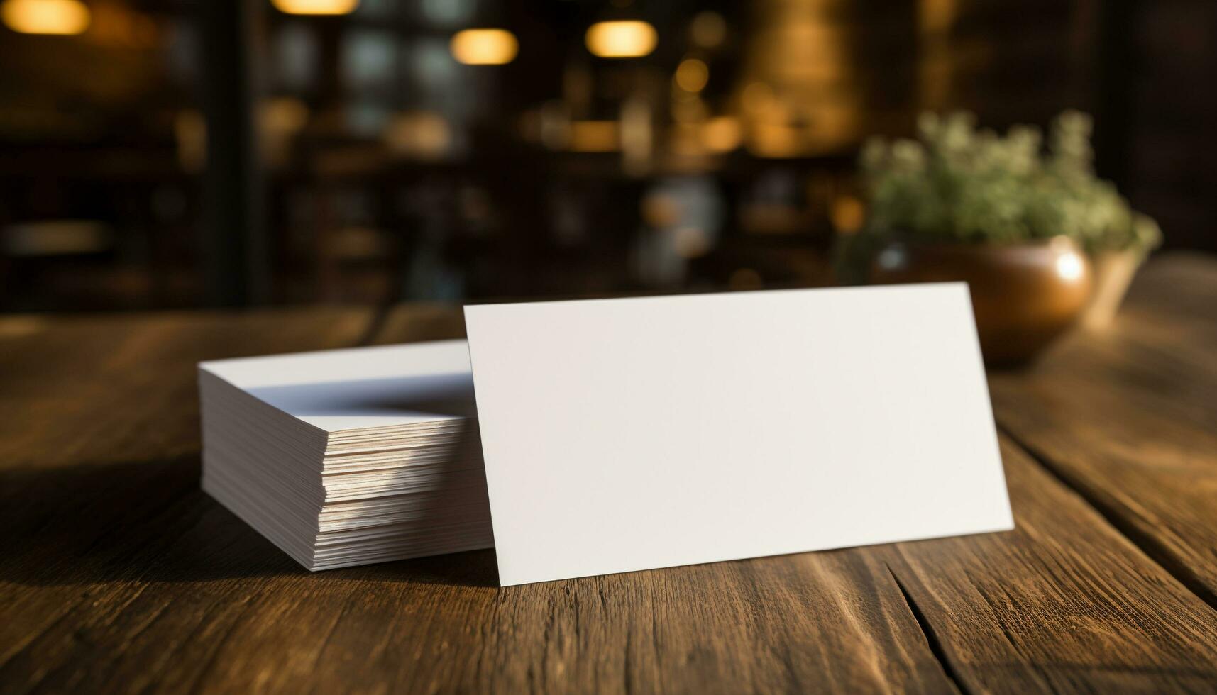 AI generated Blank business card on wooden desk, clean and modern generated by AI photo