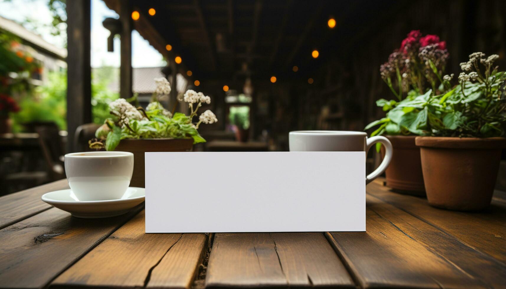 AI generated Coffee cup on wooden desk in coffee shop generated by AI photo