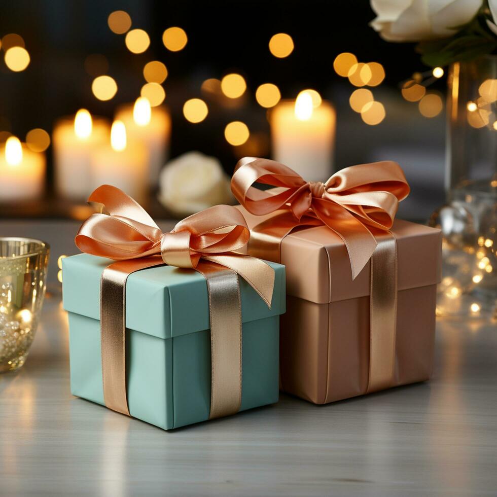 AI generated Christmas gift box on wooden table, illuminated by candlelight generated by AI photo