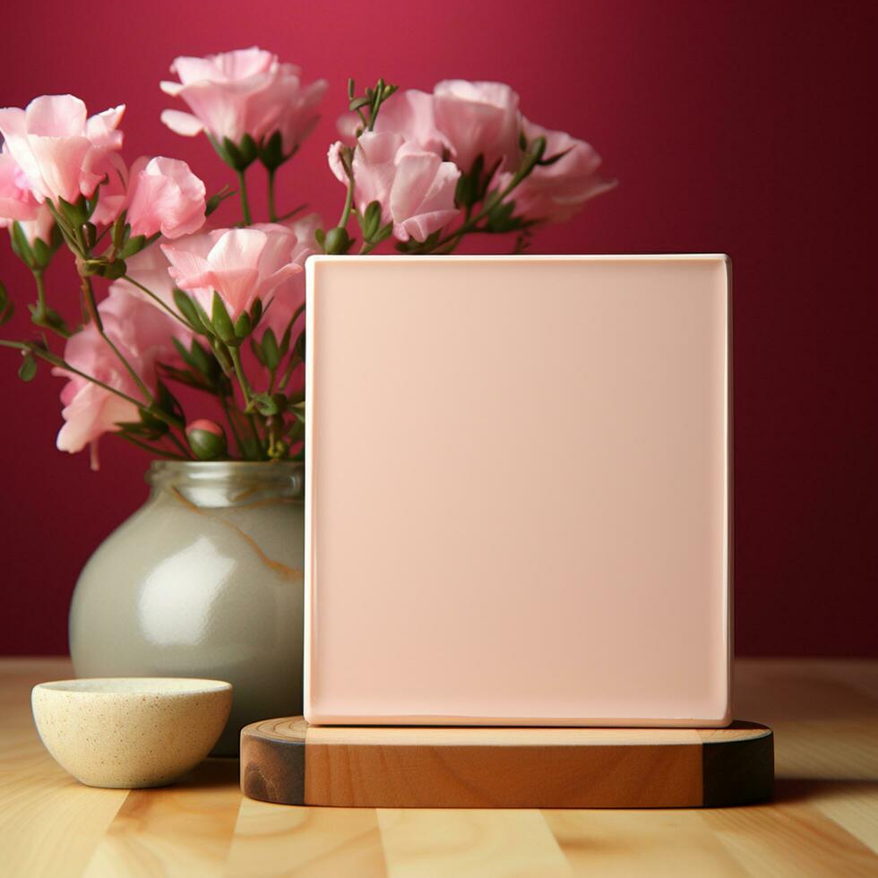 AI generated Wooden table with vase of pink tulips generated by AI photo