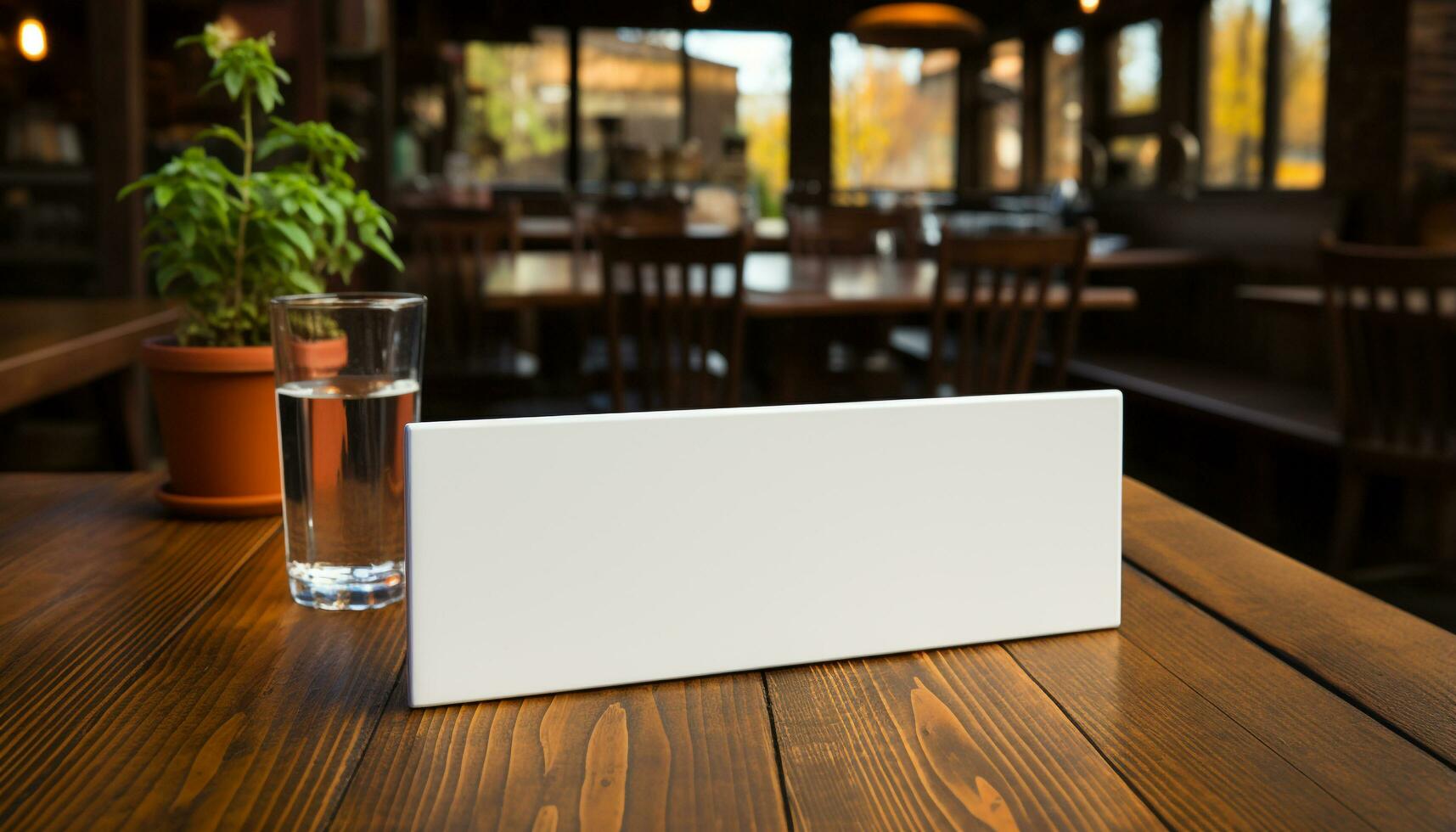 AI generated Wooden desk with empty glass, modern office design generated by AI photo