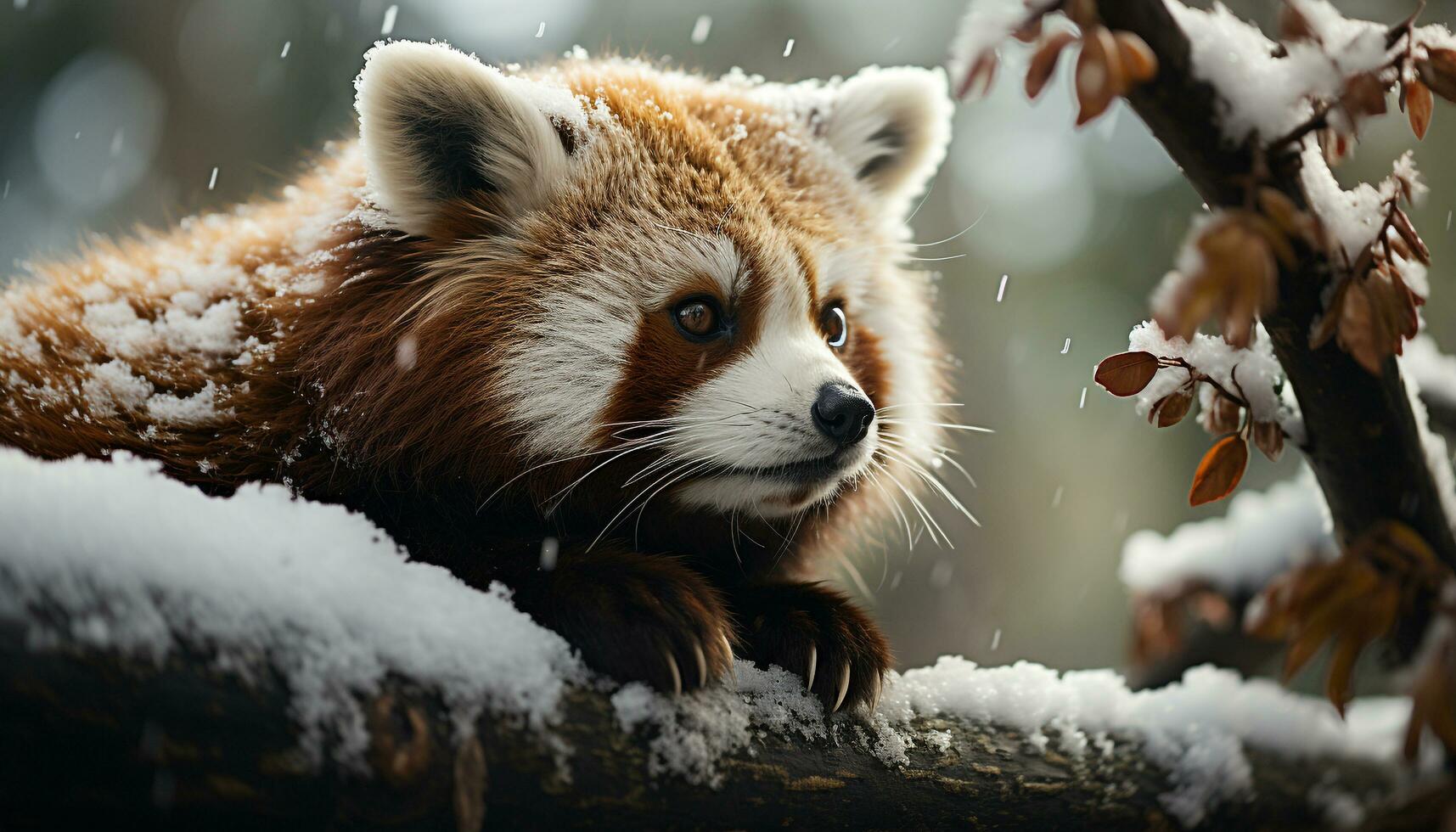 AI generated Cute panda sitting on snowy branch, looking at camera generated by AI photo