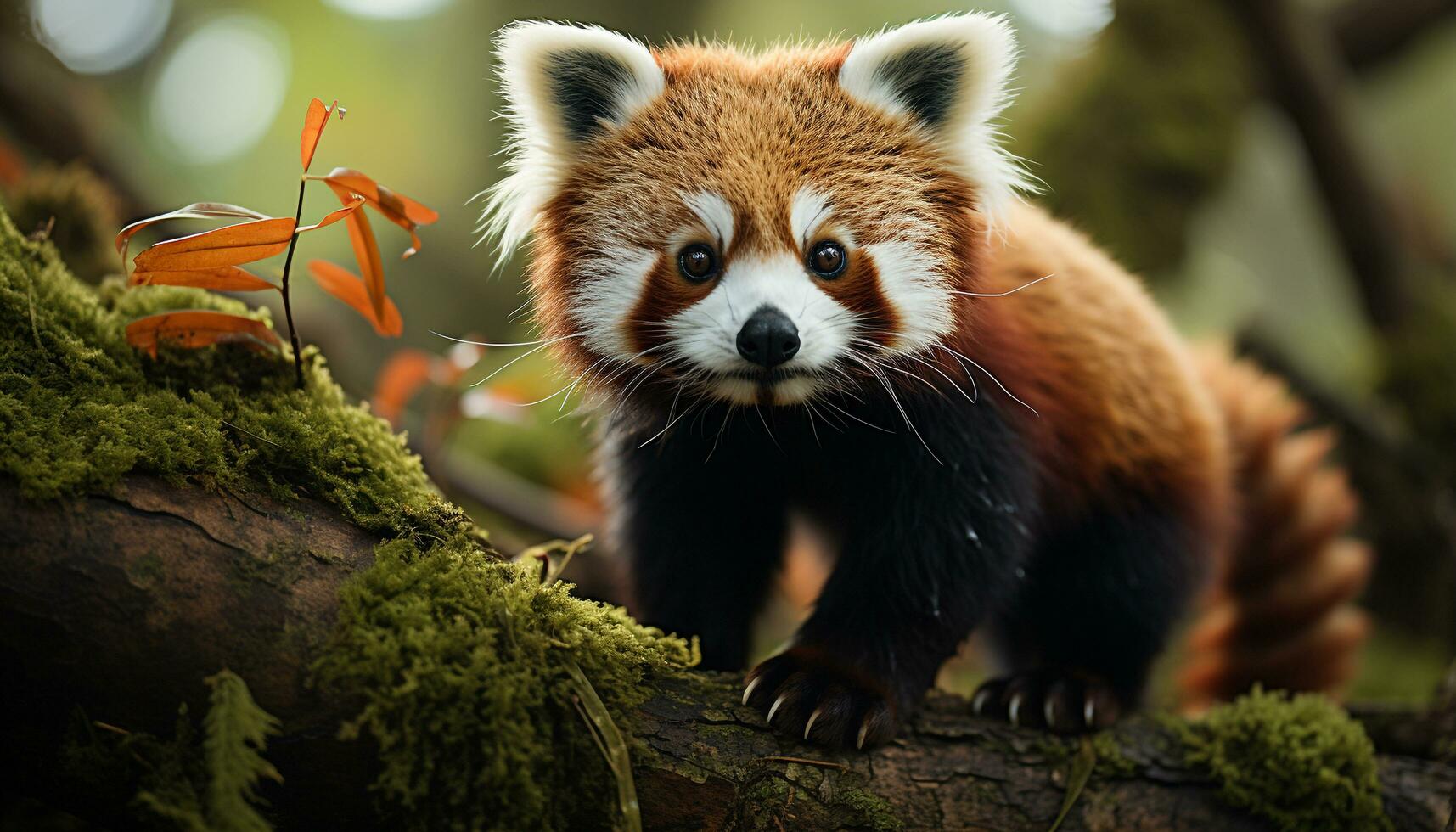 AI generated Cute panda sitting on branch in green forest generated by AI photo