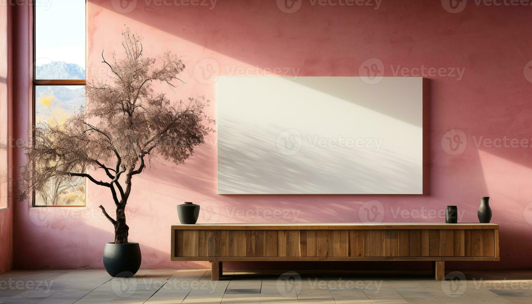 AI generated Modern wood table with empty vase and plant generated by AI photo