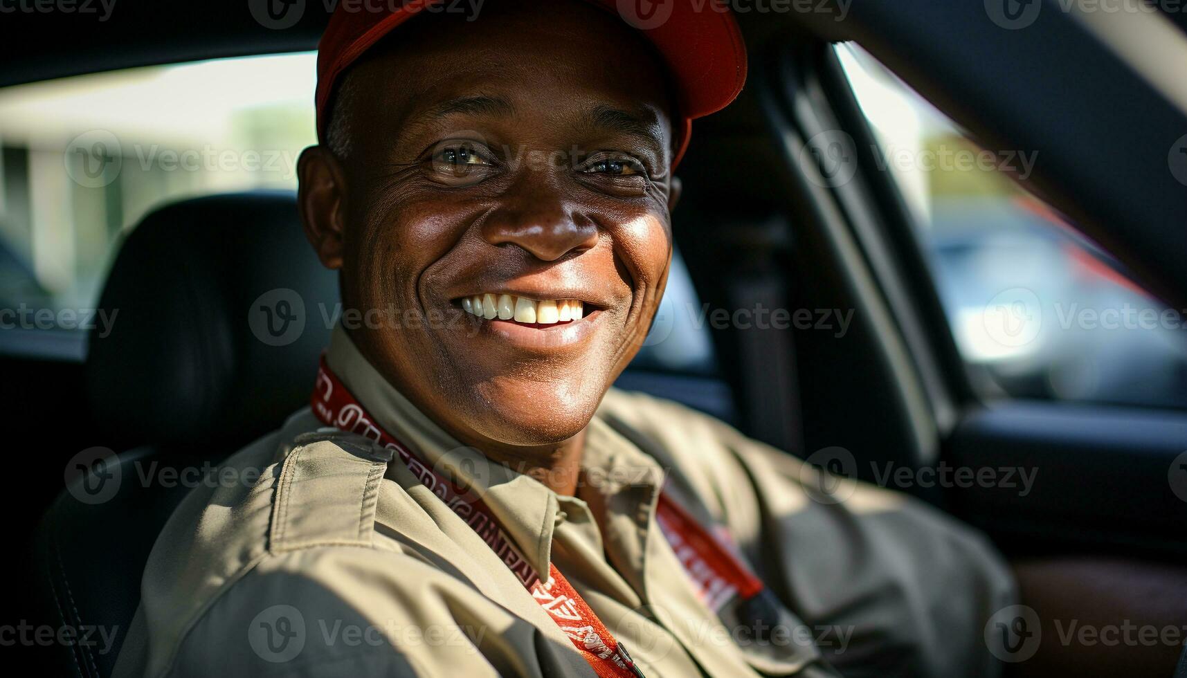 AI generated Smiling man driving car, exuding confidence and happiness generated by AI photo