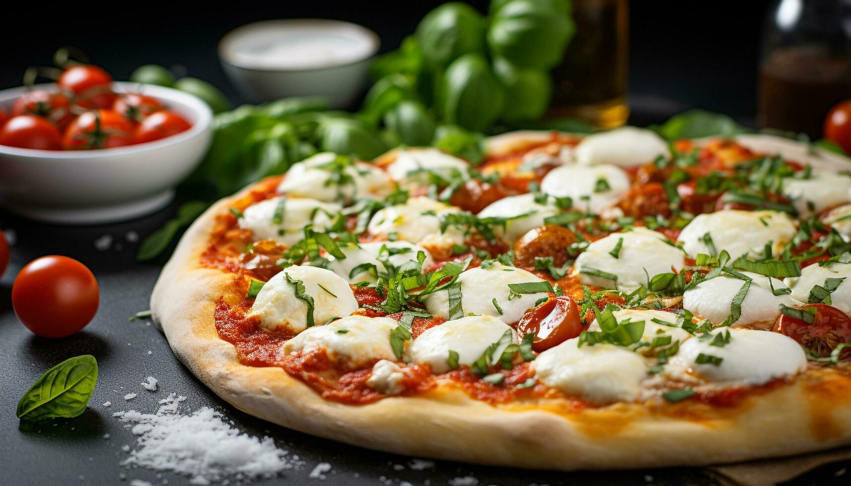 AI generated Fresh homemade pizza with mozzarella, tomato, and basil generated by AI photo