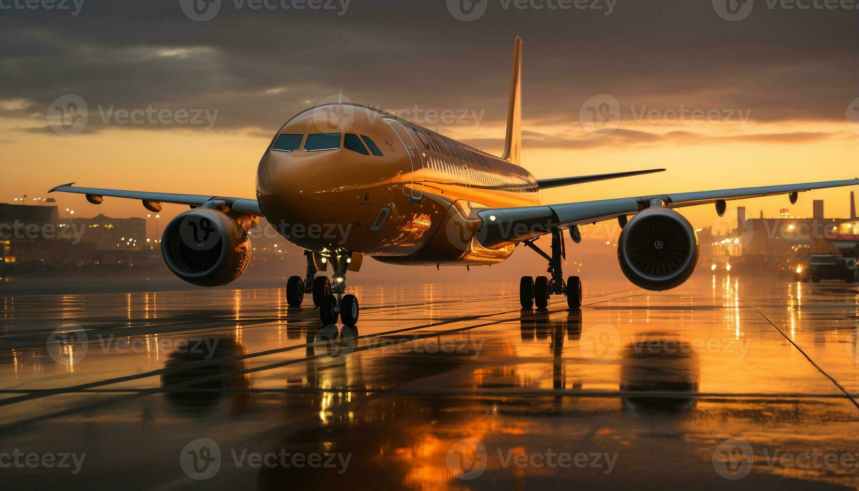 ai generado volador avión a atardecer, reflejando en agua generado por ai foto