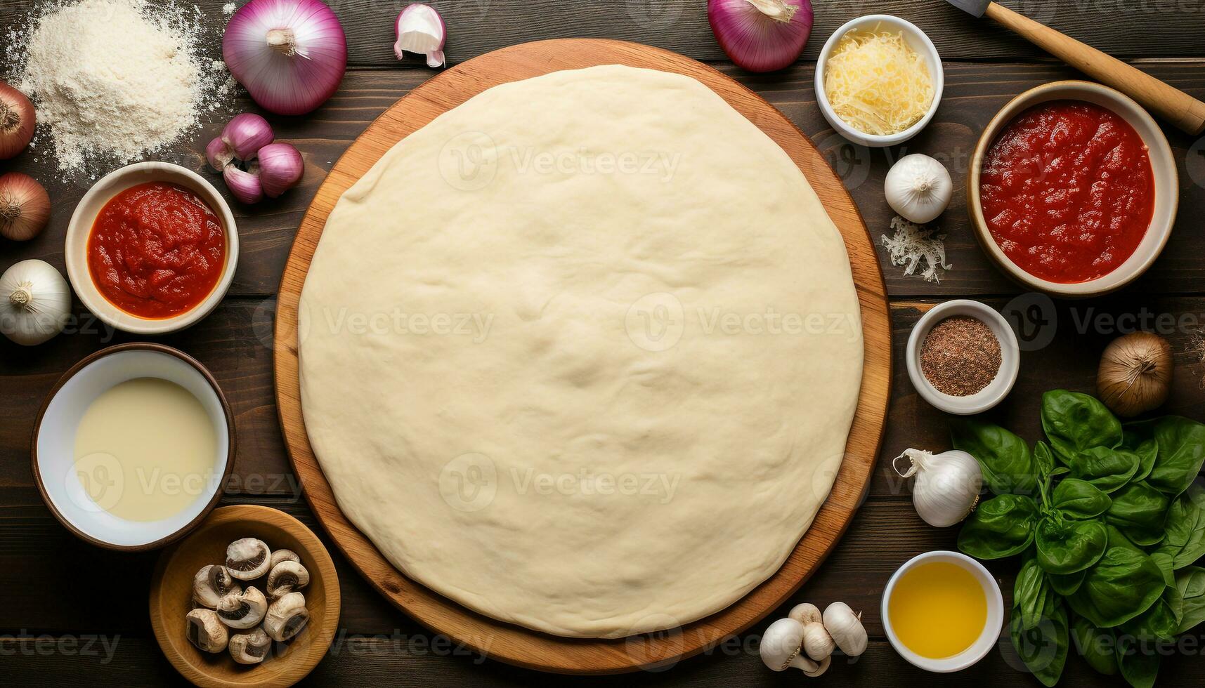 AI generated Homemade pizza dough on rustic wooden table generated by AI photo