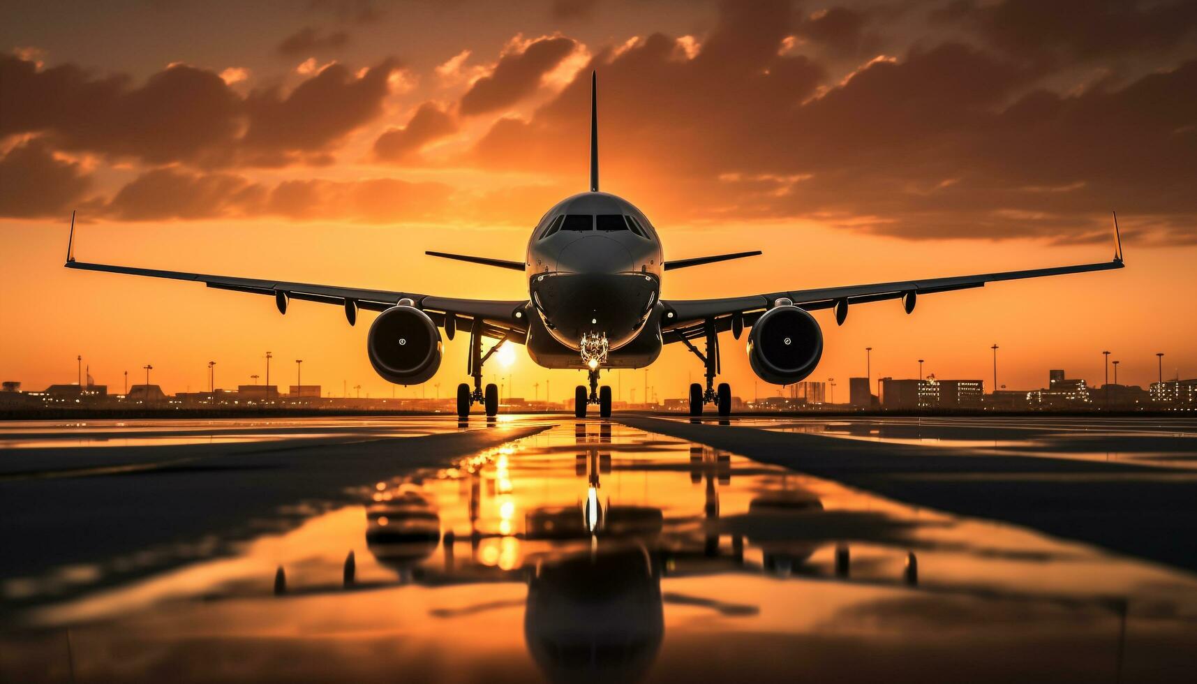 AI generated Sunset silhouette of airplane taking off at dusk generated by AI photo