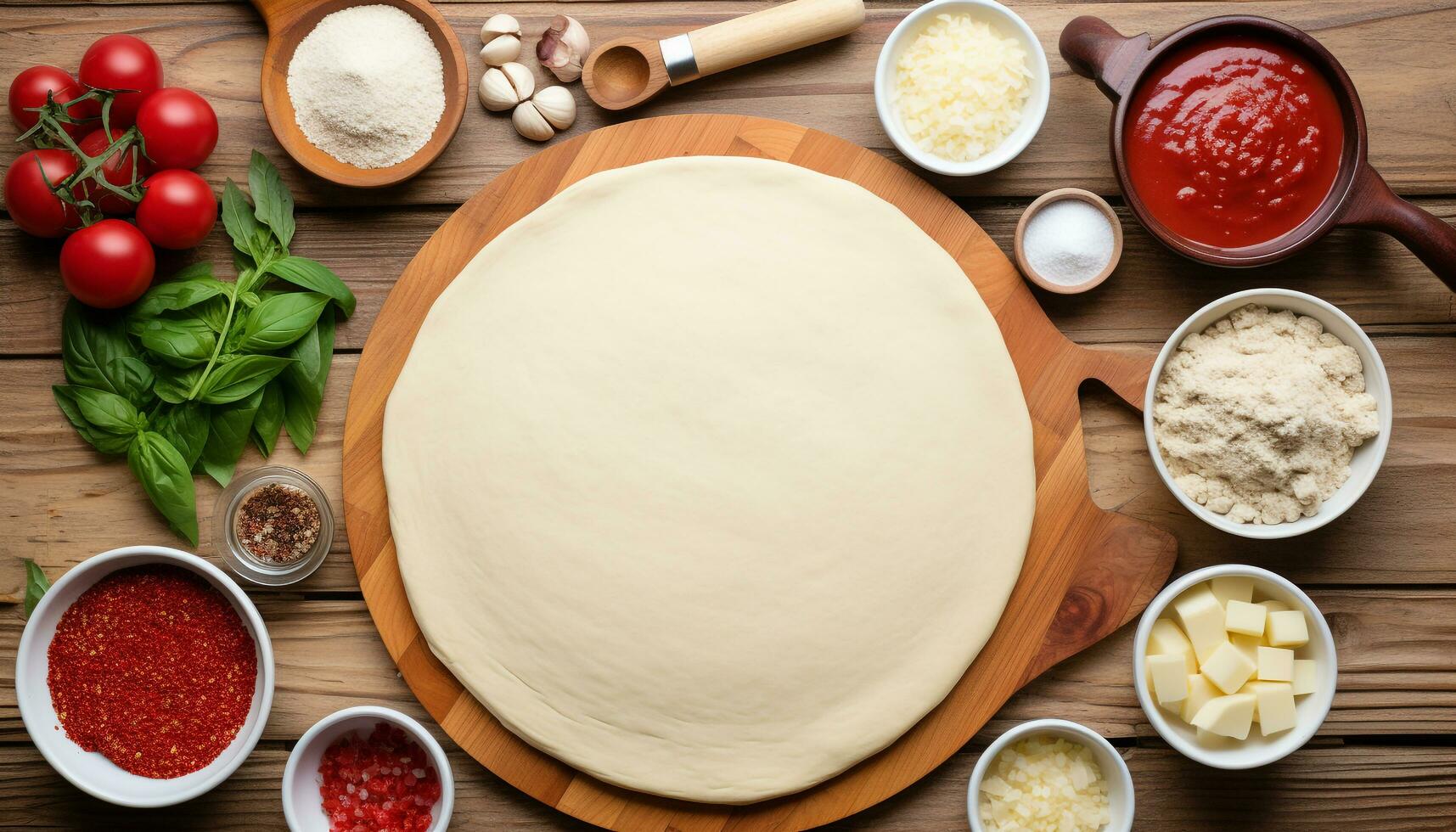 AI generated Fresh homemade pizza dough rolling on wooden table generated by AI photo