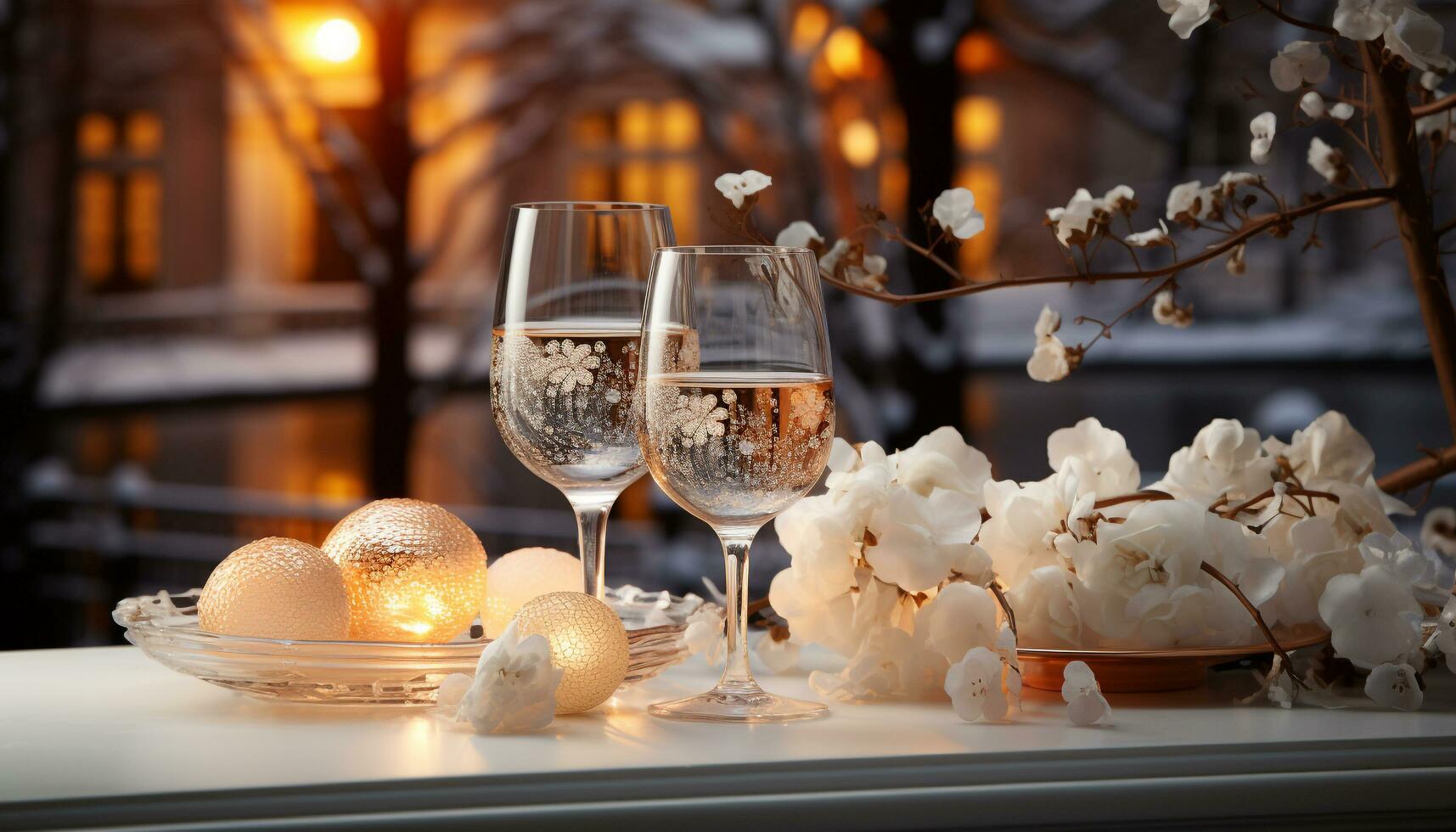 AI generated Romantic candlelit celebration with wine, food, and elegance generated by AI photo