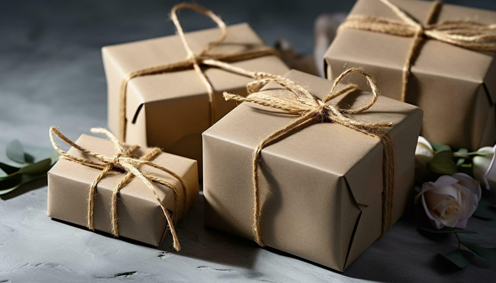 AI generated Homemade gift box wrapped with rustic brown paper generated by AI photo