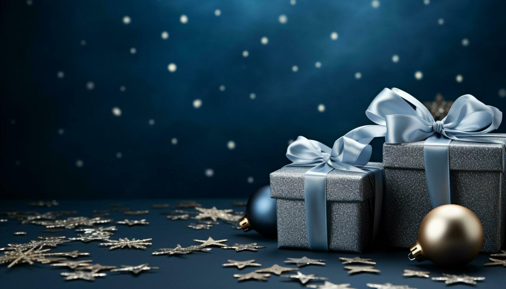 AI generated Snowflake decoration on blue background, shiny and glittery generated by AI photo