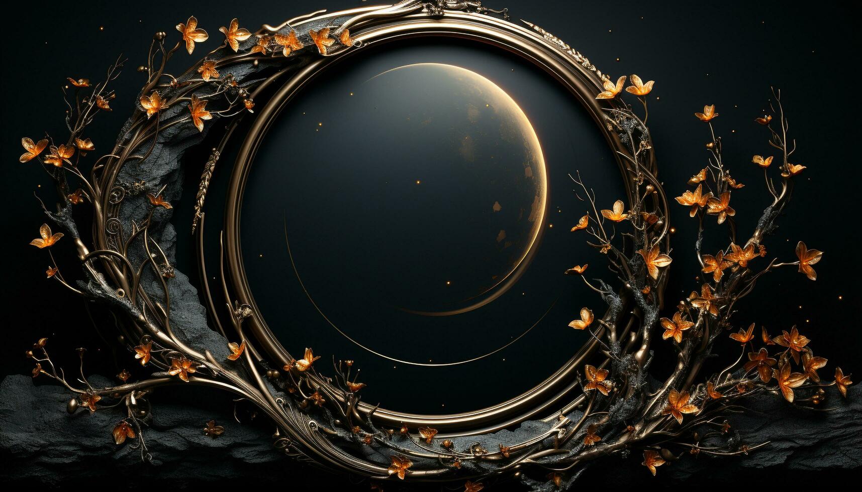 AI generated Golden leaf on black background, nature elegance generated by AI photo