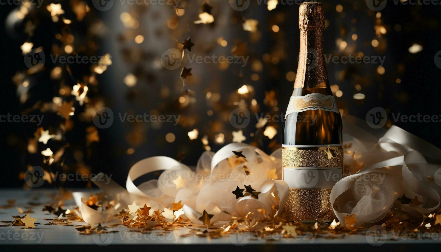 AI generated Shiny gold bottle illuminates celebration with champagne generated by AI photo