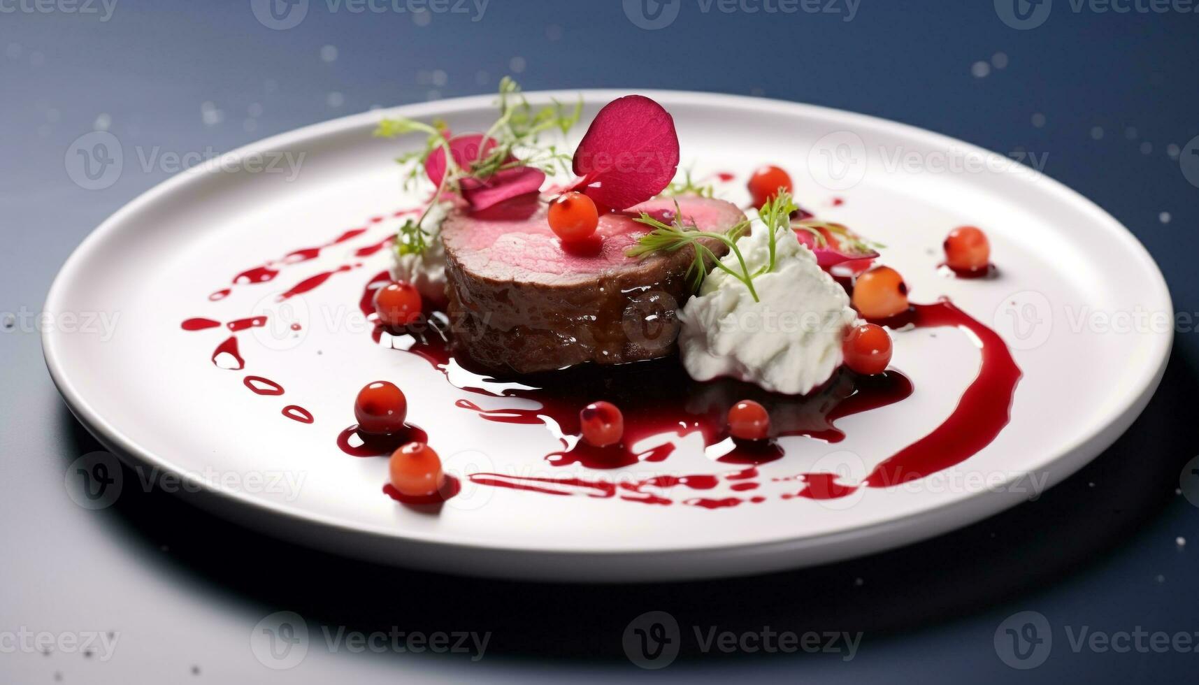 AI generated Gourmet plate with grilled steak, dessert, and sauce generated by AI photo