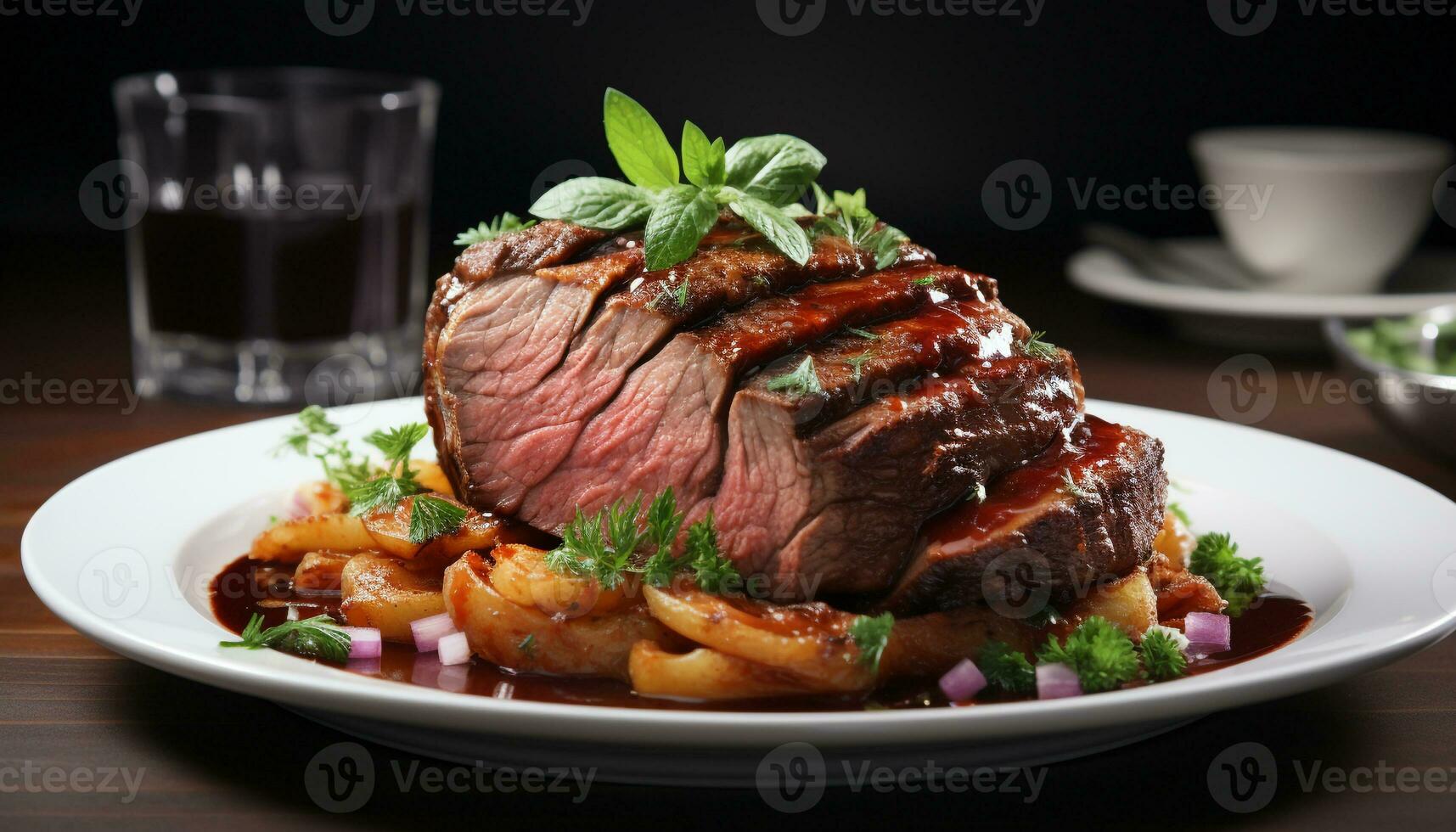 ai generado A la parrilla filete rebanada en plato con Fresco vegetales generado por ai foto