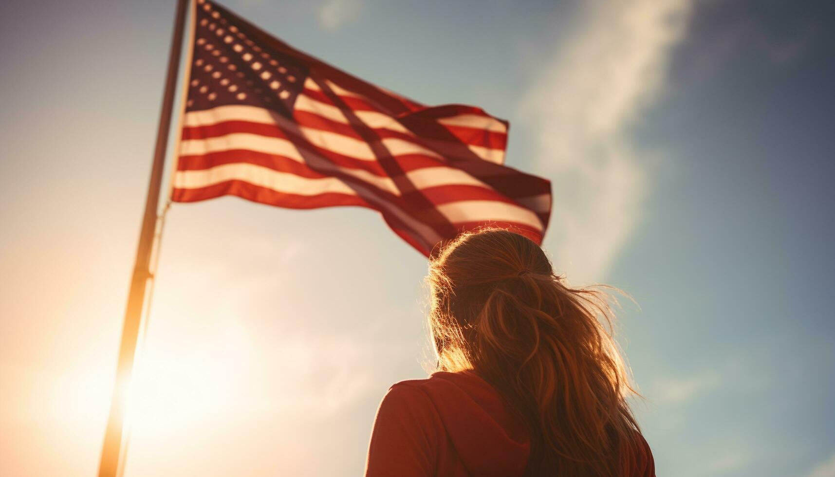 AI generated Young woman holding American flag, smiling in sunlight generated by AI photo