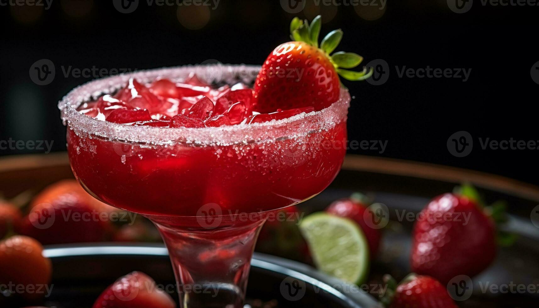 AI generated Refreshing cocktail with fresh strawberry and lime slice generated by AI photo