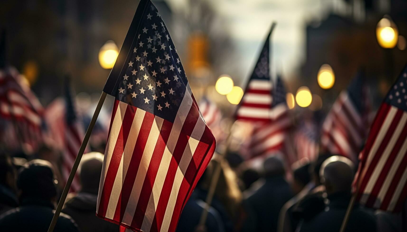 AI generated American flag waving, crowd cheering, celebrating unity generated by AI photo